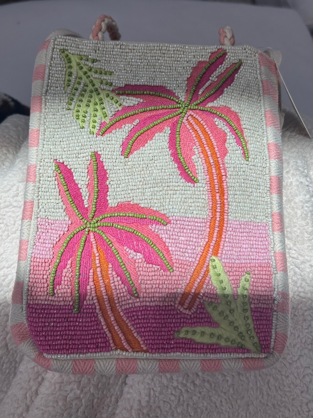 Beaded Palm Tree Crossbody Bag - Pink & Green